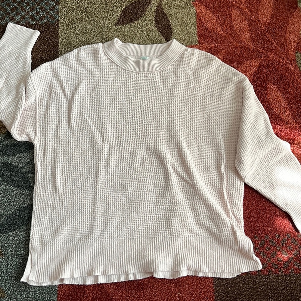 Aerie MED Waffle Knit Crewneck Sweater in Light Pink